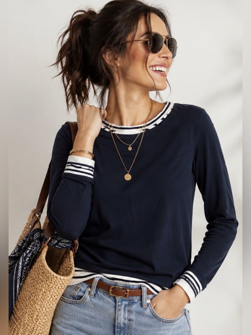 New! J. Crew Women’s Layered Navy Long-Sleeve Stripe-Trim Feather Jersey Top